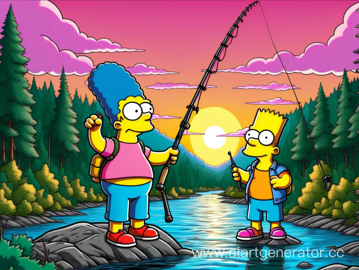 Bart Simpson and Milhouse van Houtel goes fishing. They have their backs turned. They speak to each other. Bart holds the fishing for in hand. Milhouse puts his fishing rod on his shoulder. They are in the forest. There is a river in front of them. There is a bright pink sunset in the sky. Picture is in style of the Simpsons movie.