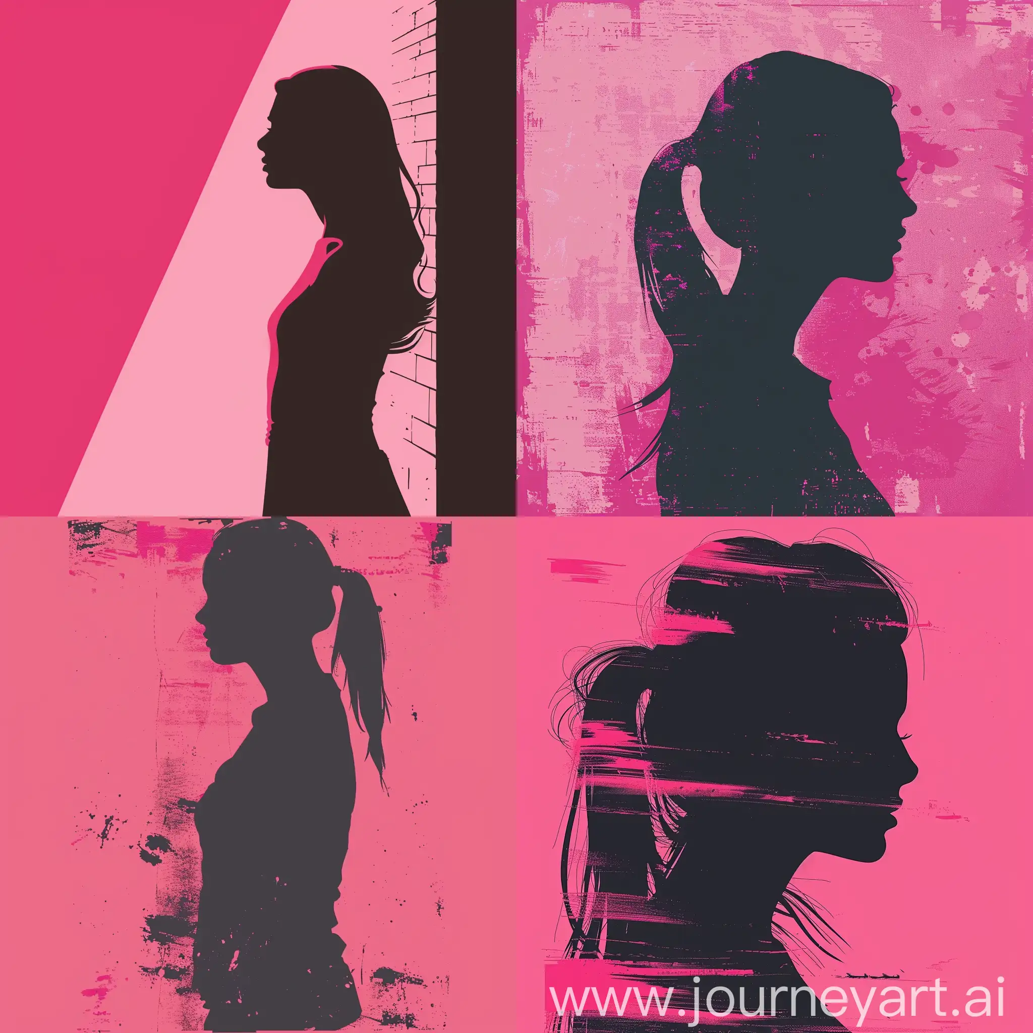 A modern poster in the style of brutalism. The silhouette of a girl. Pink tones
