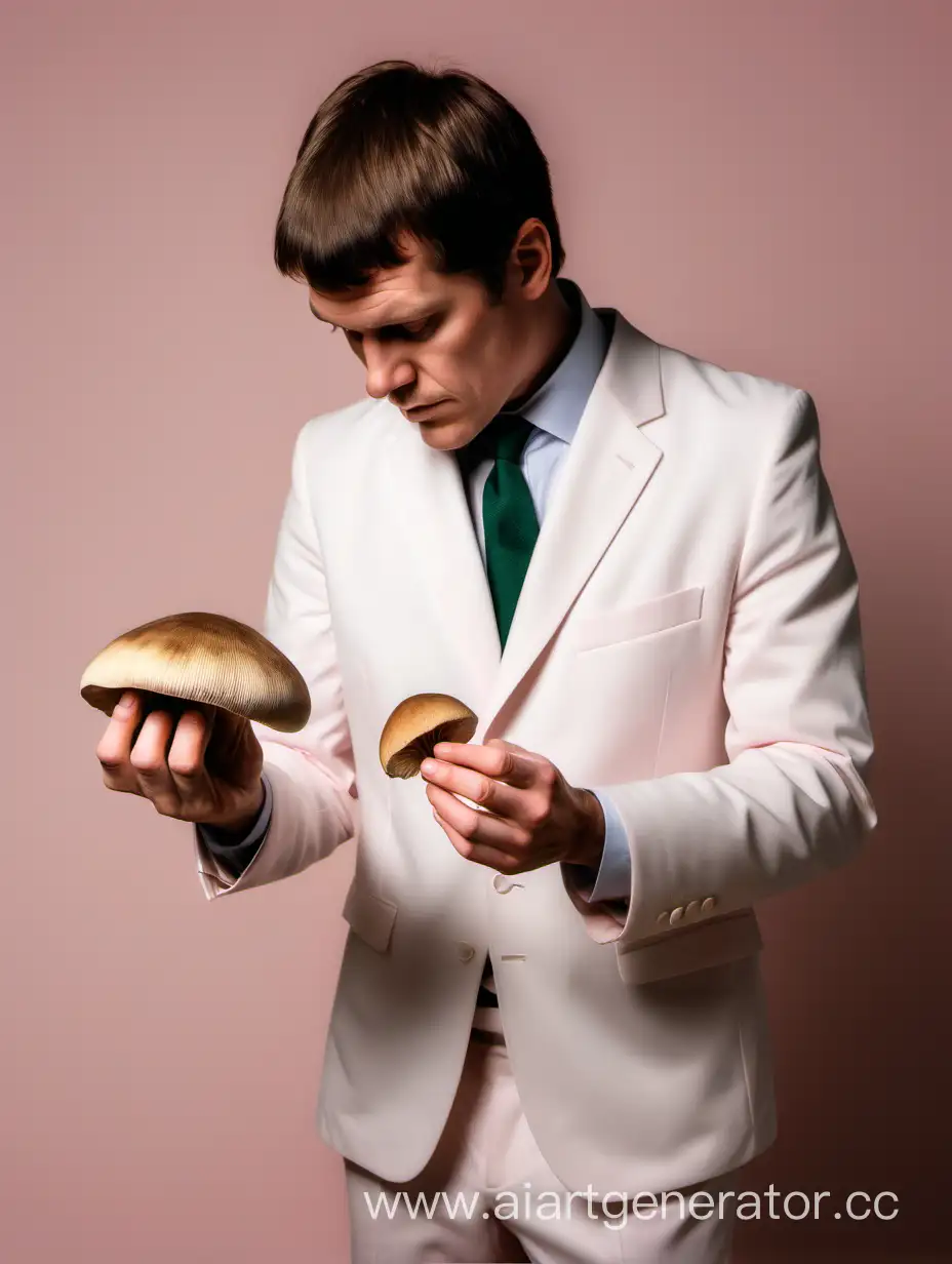 a packer in a white suit examines a boletus mushroom on a light pink background