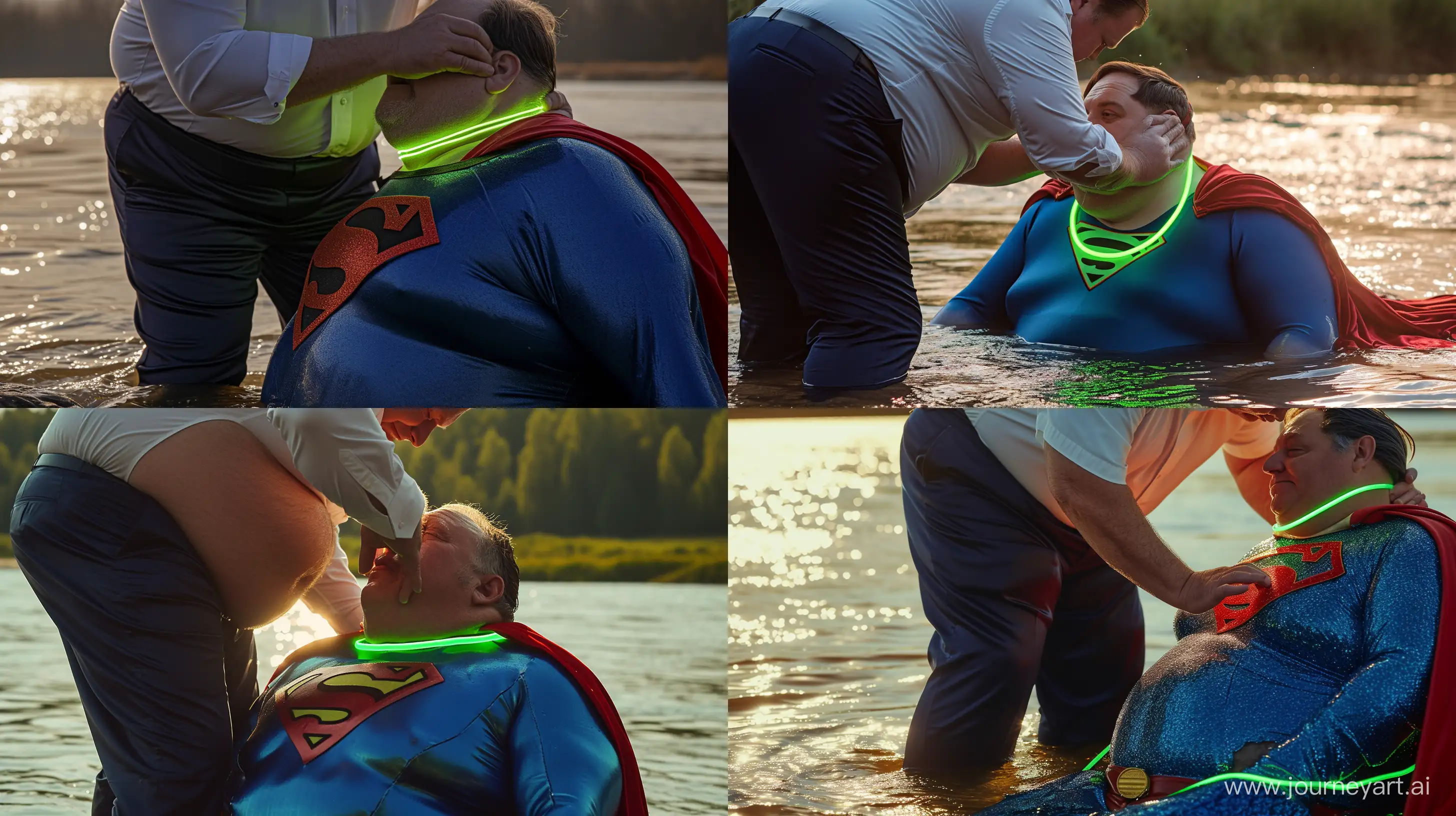 Close-up photo of a fat man wearing silk navy business pants and a white shirt. Bending and putting a tight green glowing neon dog collar on the nape of a fat man aged 60 wearing a tight blue superman costume with a red cape sitting in the water. Daylight. River. --style raw --ar 16:9