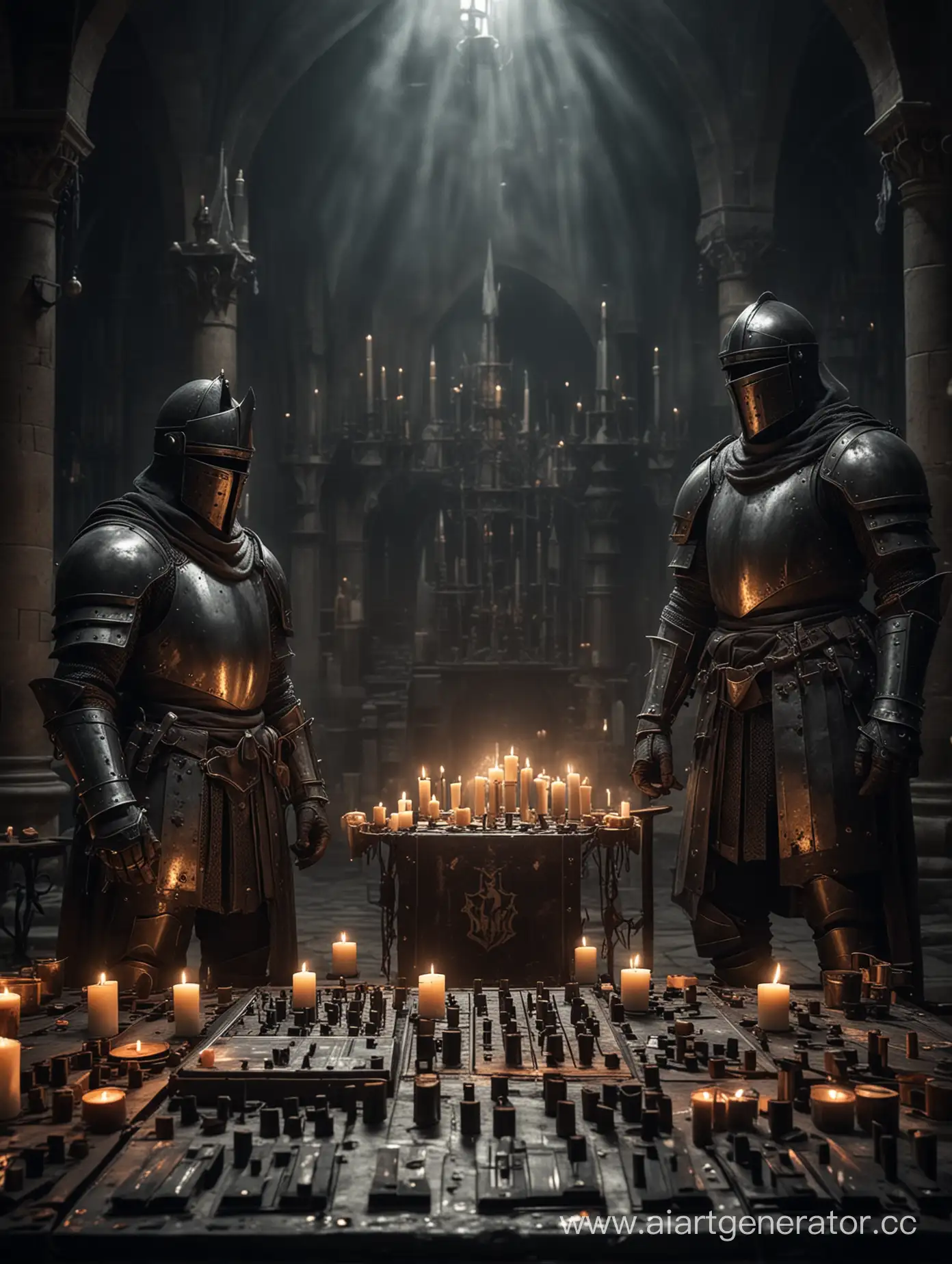 два рыцаря в темном замке,везде горят свечи , первый рыцарь стоит за диджейским пультом ,второй играет на барабане 