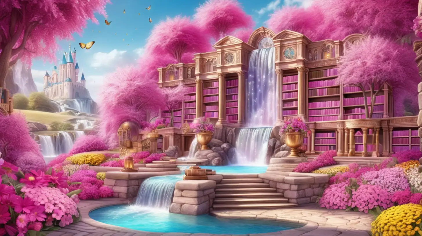 Enchanting Oasis Pink Waterfall with Gemstone Treasure Chests
