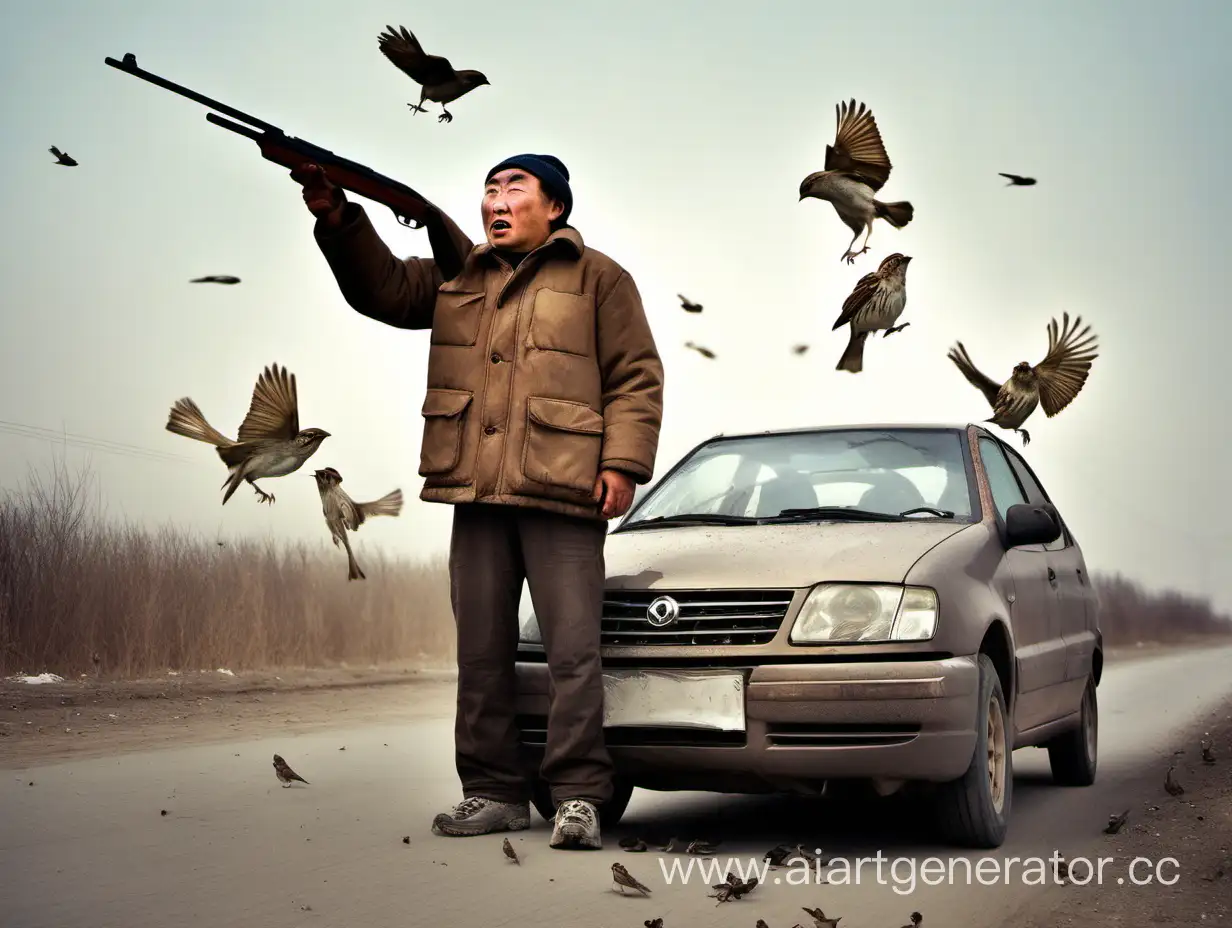Kazakh-Man-Shooting-Sparrows-Off-Car-Roof