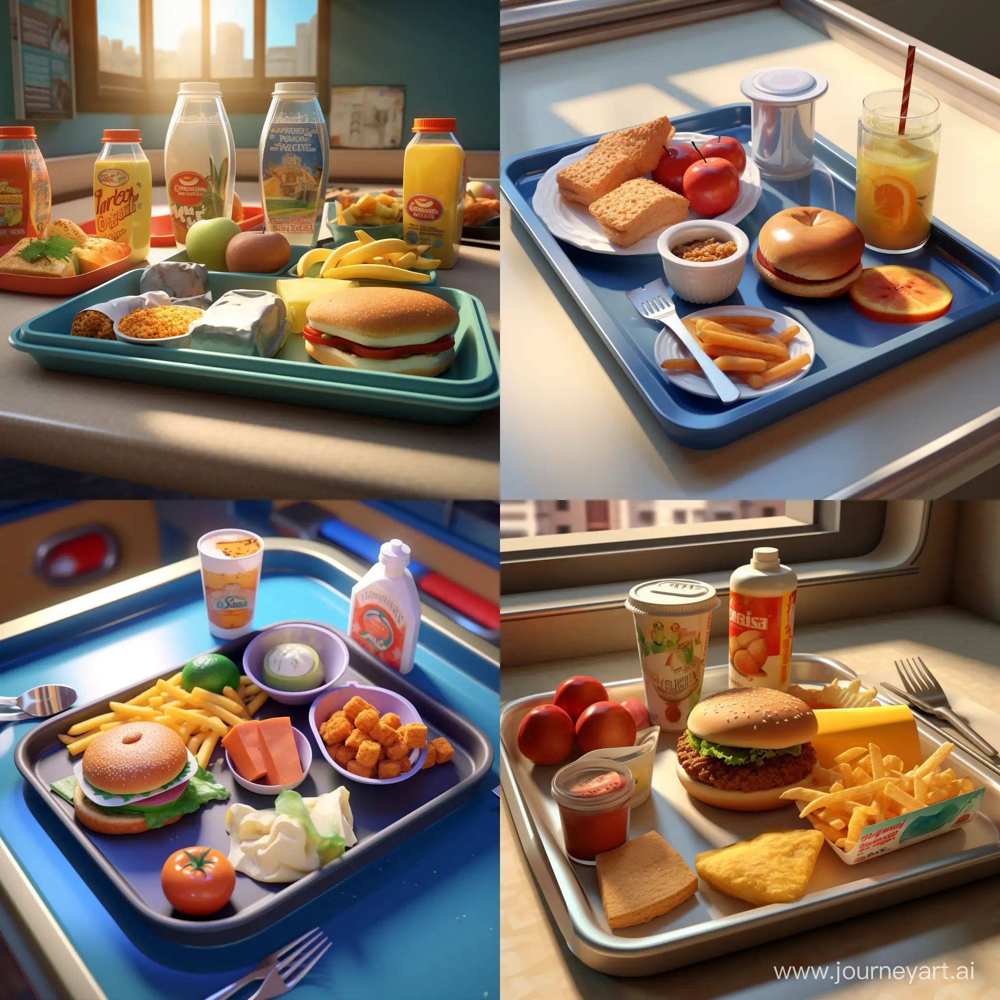 School lunch tray. 3D animation 