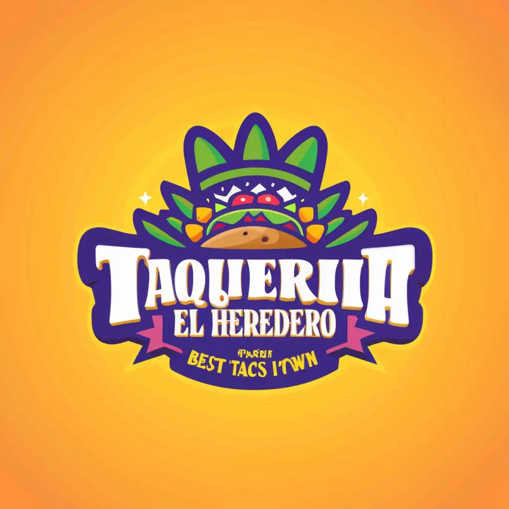 a logo design,with the text "TAQUERIA EL HEREDERO THE BEST TACOS IN TOWN", main symbol:Taco mascot, color: yellow, lime purple,complex,clear background