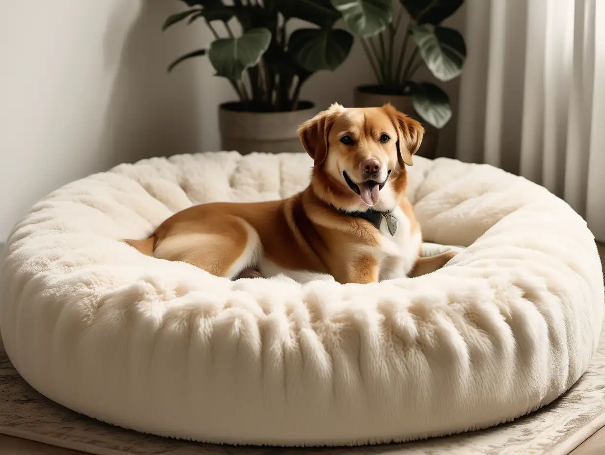 Create an image of a dog relaxing on a fluffy round dog bed. The dog color is white. The house where the dog lives looks high-end, and expensive, like a wealthy family is living there. The dog color is white. The dominant colors of the image shall be muted browns, beiges, and forest greens. The dog looks relaxed. The general mood of the picture shall be relaxation, calmness, and happiness.