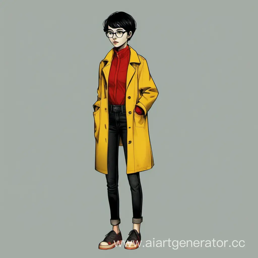 Stylish-Young-Girl-in-Unique-Yellow-Coat-and-Red-Glasses