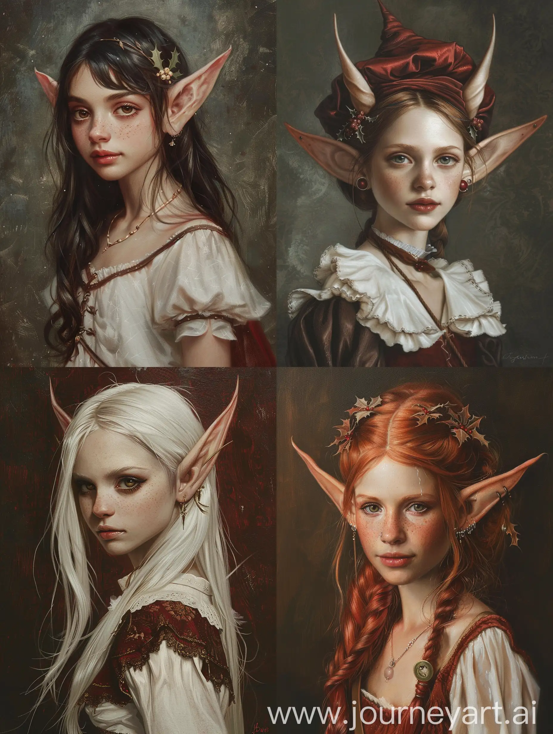 Waist-high photos, beautiful Christmas elven girl with hair gathered in a hairstyle, ears open pointed tip Edwardian era, oil paint, in the style of cyberpunk realism, light white and dark red