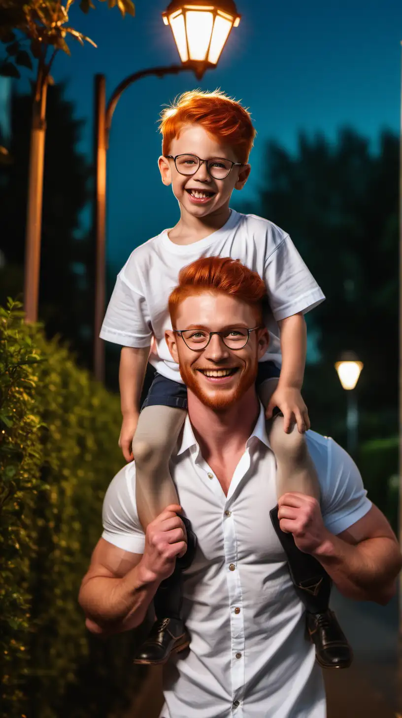 Handsome redhead man muscular glasses stubbles open white shirt carrying his little brother over his shoulders smiling rose garden amber street lamps night 