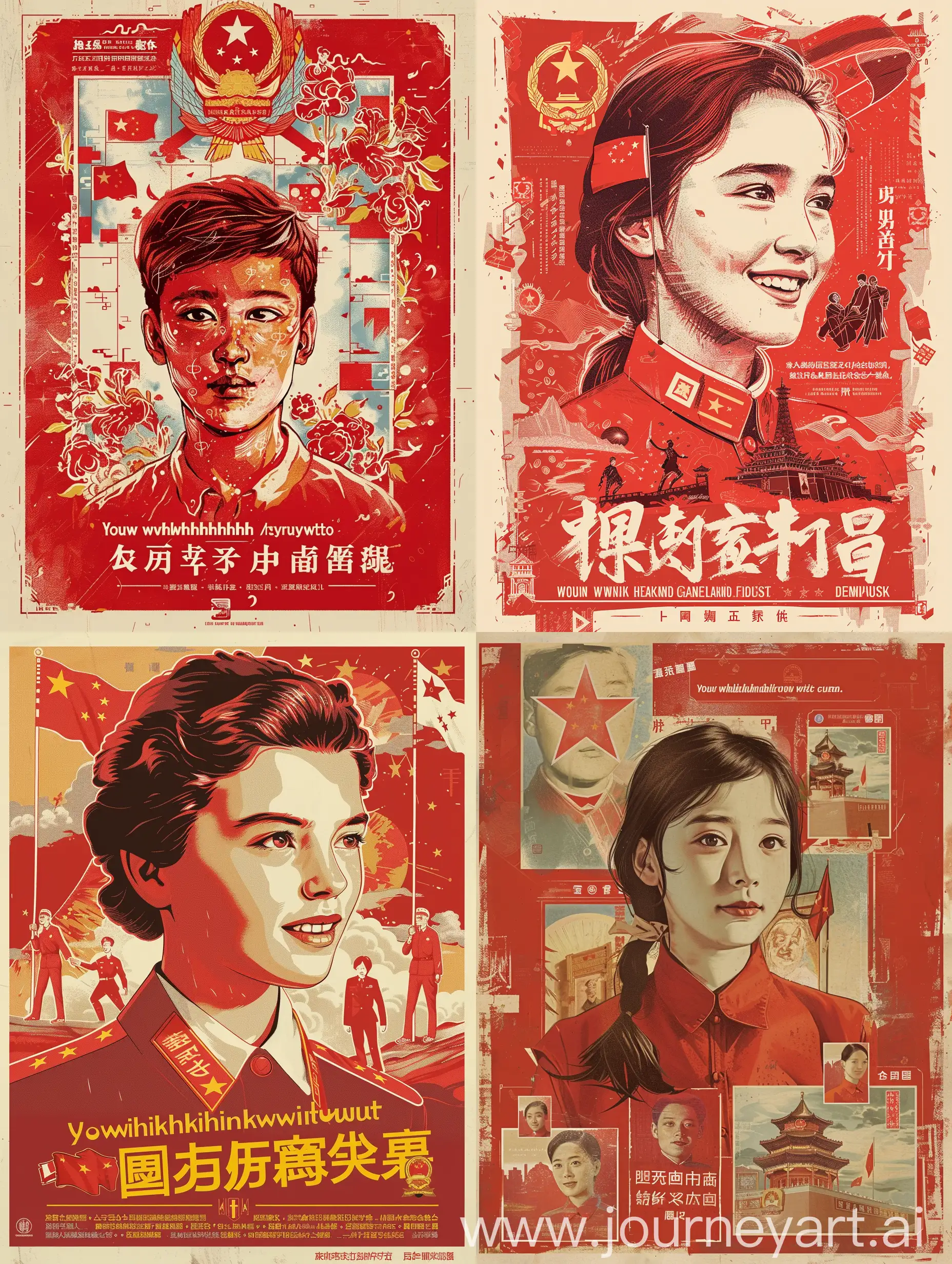 设计元素：使用鲜明的红色调和象征性的图标，如国旗、党徽、青年肖像等。
图像与文字：结合青年代表的肖像和激励性的文字，如“青春与国同行”，“以梦为马，不负韶华”等。
故事性：通过系列海报讲述一个青年如何通过自己的努力和信念，为中国式现代化作出贡献的故事。