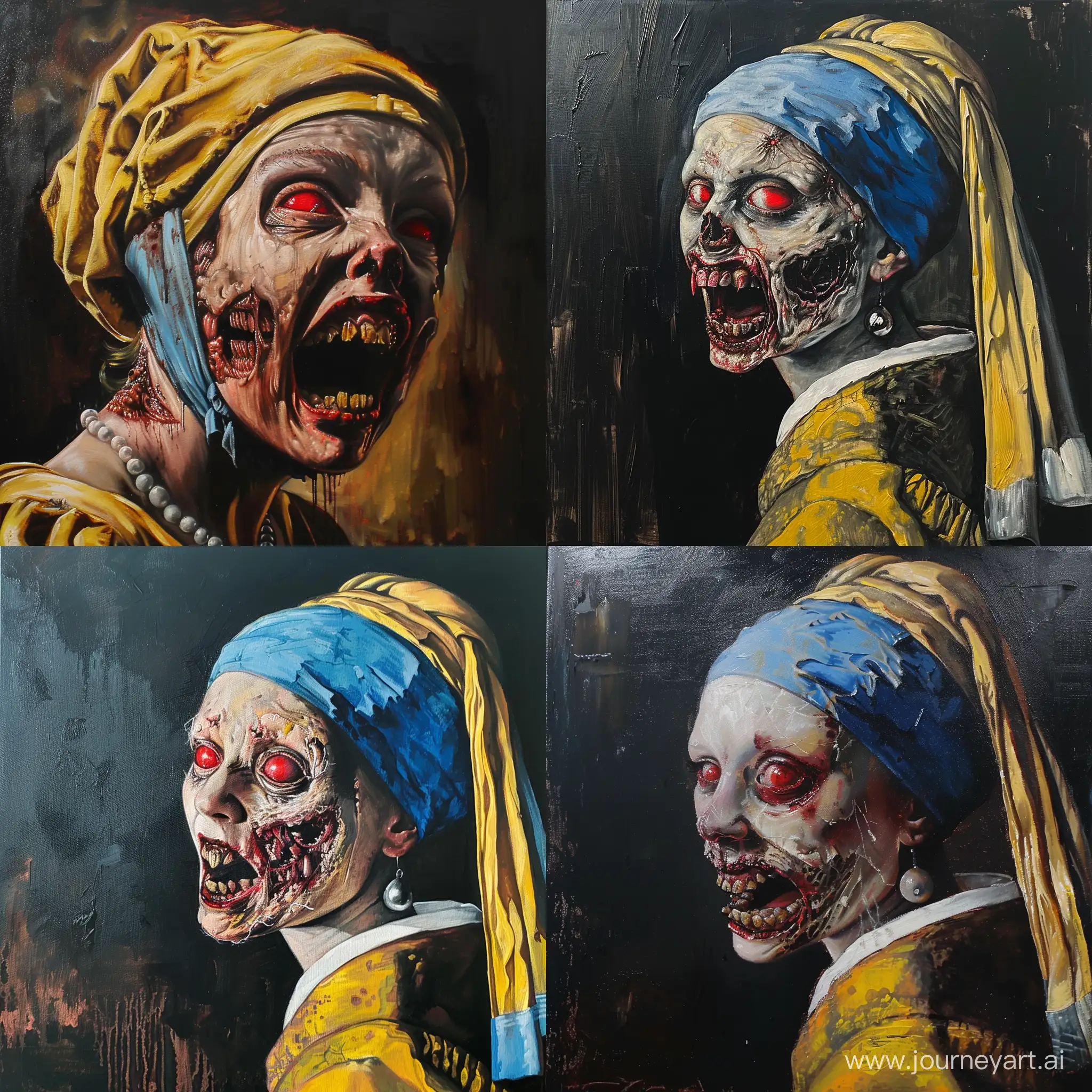 Creepy version of 'Girl with a Pearl Earring'. The woman has distorted rotten face and red eyes. Sharp and informal teeth. Screaming. Dark oil painting.