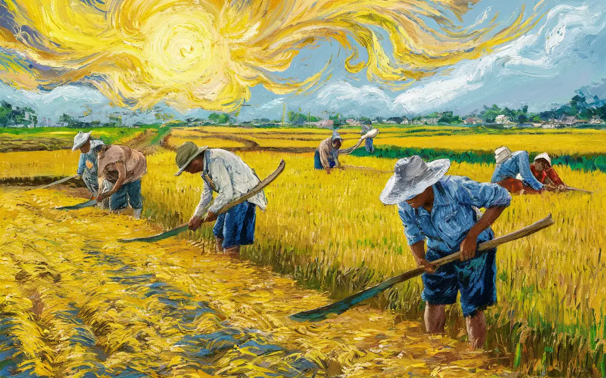 Local Farmers harvesting rice in the ricefield under the sun in Van Gogh artstyle 