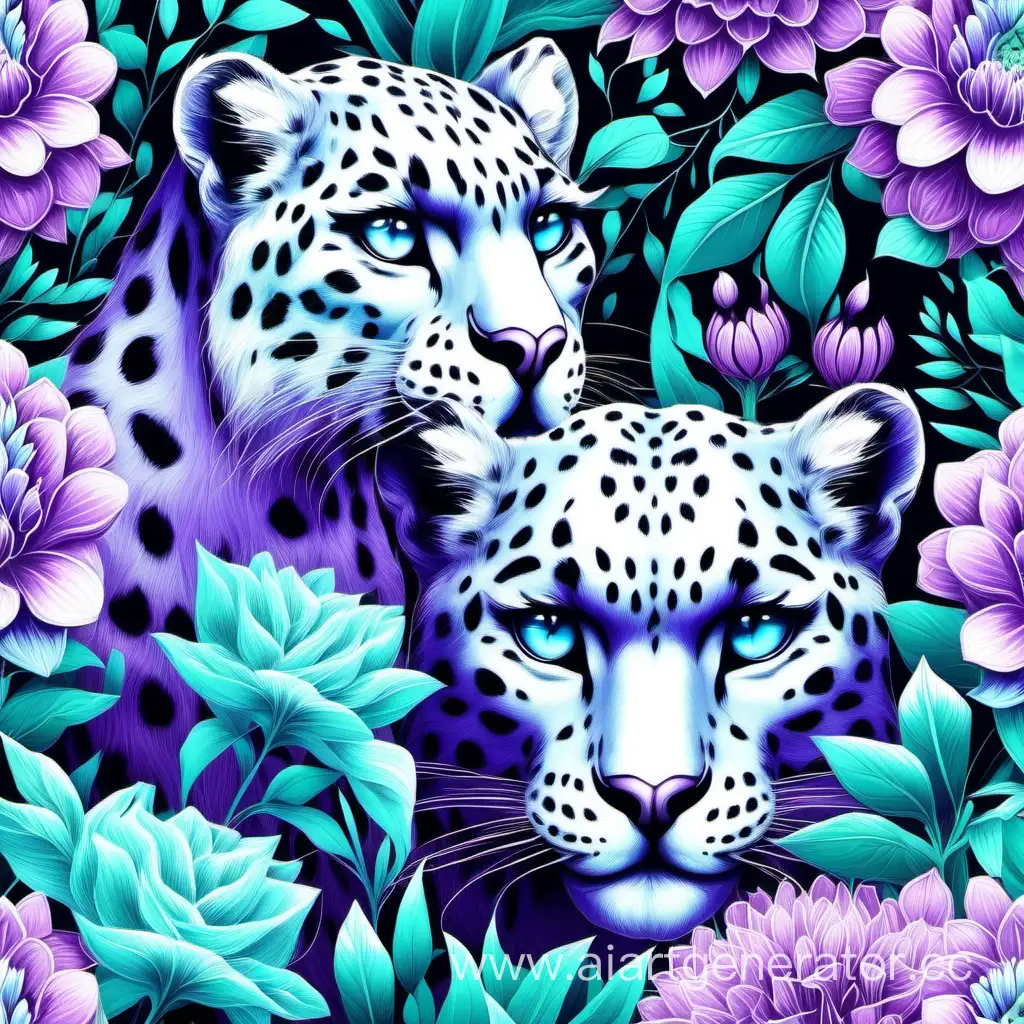 Snow-Leopards-and-Panthers-Heads-Among-TurquoiseLilac-Flowers