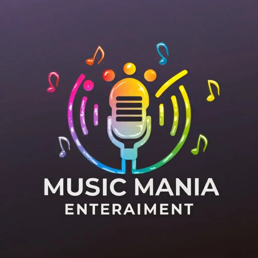 a logo design,with the text "Music Mania Entertainment", main symbol:Microphone, Speaker, Vinyl Record, Music notes, Lightshow,Moderate,be used in Entertainment industry,clear background