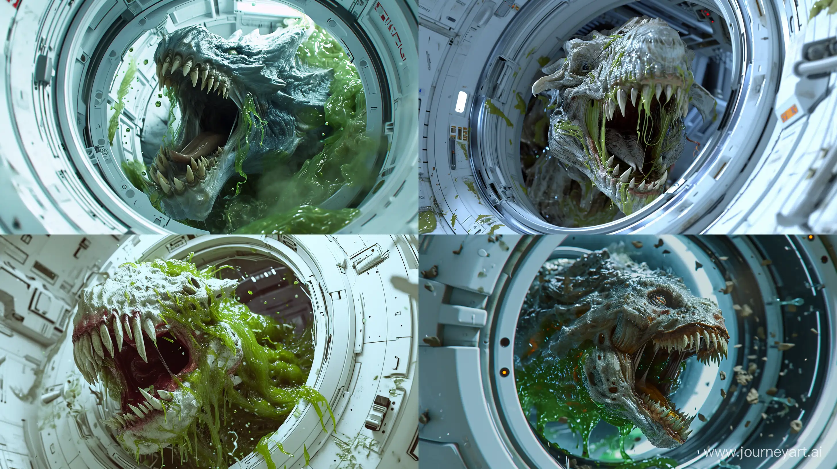 monstrous cosmic beast emerging inside a space station, white pearl interior. The beast has sharp teeth and is covered in green slime, volumetric lighting, cosmic horror, hyper photo realistic, 4k, cinematic --v 6.0 --style raw --ar 16:9