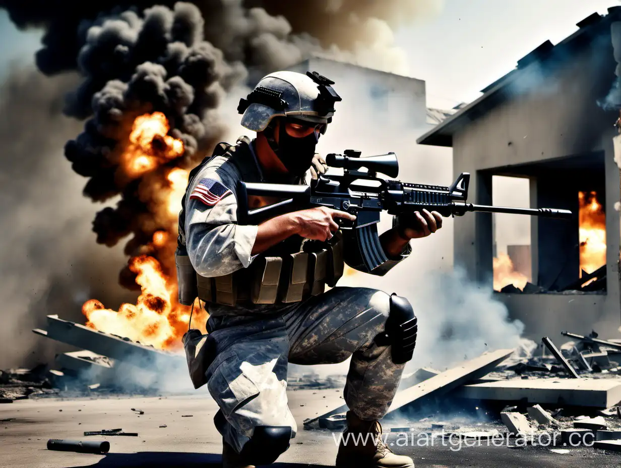 Soldier, USA, with M249, aiming, shooting, smoke, fragments grenade,brutality,epic moment,fix picture,fire, very realistic, remove smoothness, flying fighter jet, The wreckage of the house.