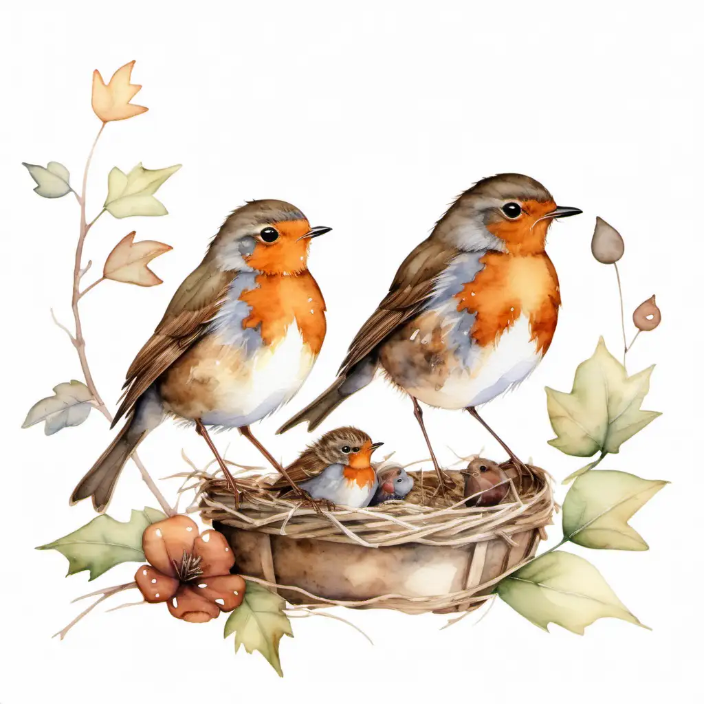 Rustic Watercolor Painting of a Robin and Its Baby