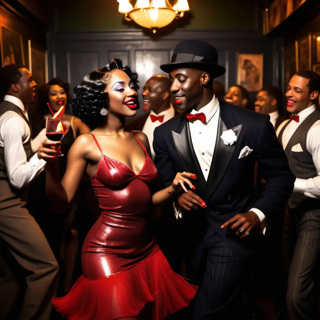 Detailed Black Renaissance in Harlem,  Beautiful black women dancers dressed up, wearing red lipstick, finger waves hairstyle, dancing with handsome black men in year 1918,  having cocktails, dancing having fun in a jazz club
