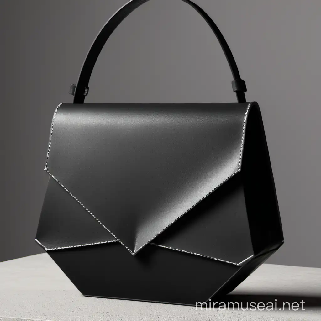 I want an idea for a nice bag in a modern minimalist style for modern women from Milan in black leather. The bag should have an interesting front flap of geometric shape or geometric stitching. It's a small crossbody bag. I want you to add the cut of the bag.