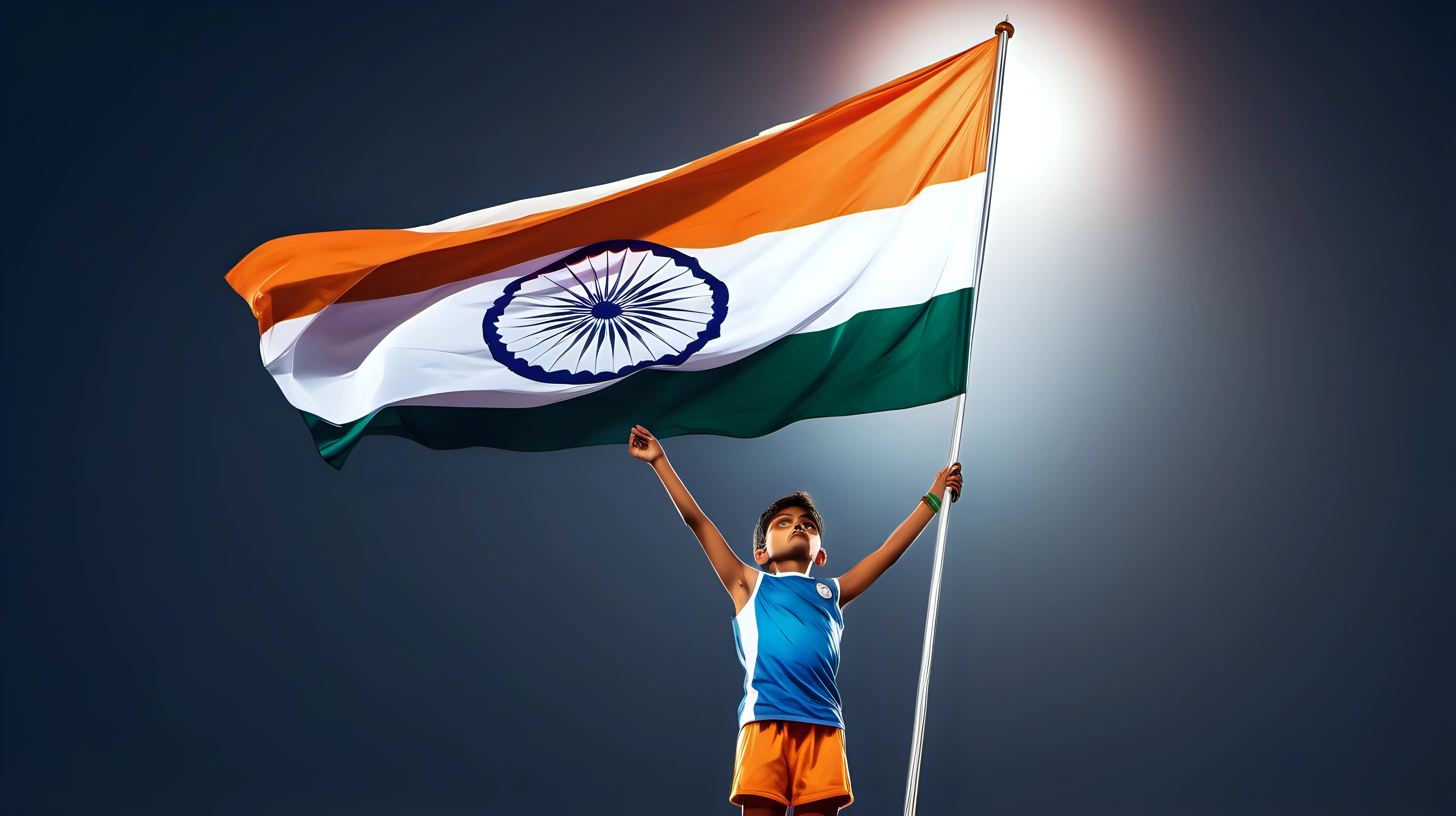 Young Athlete Raising Glowing Indian Flag in Patriotic Display