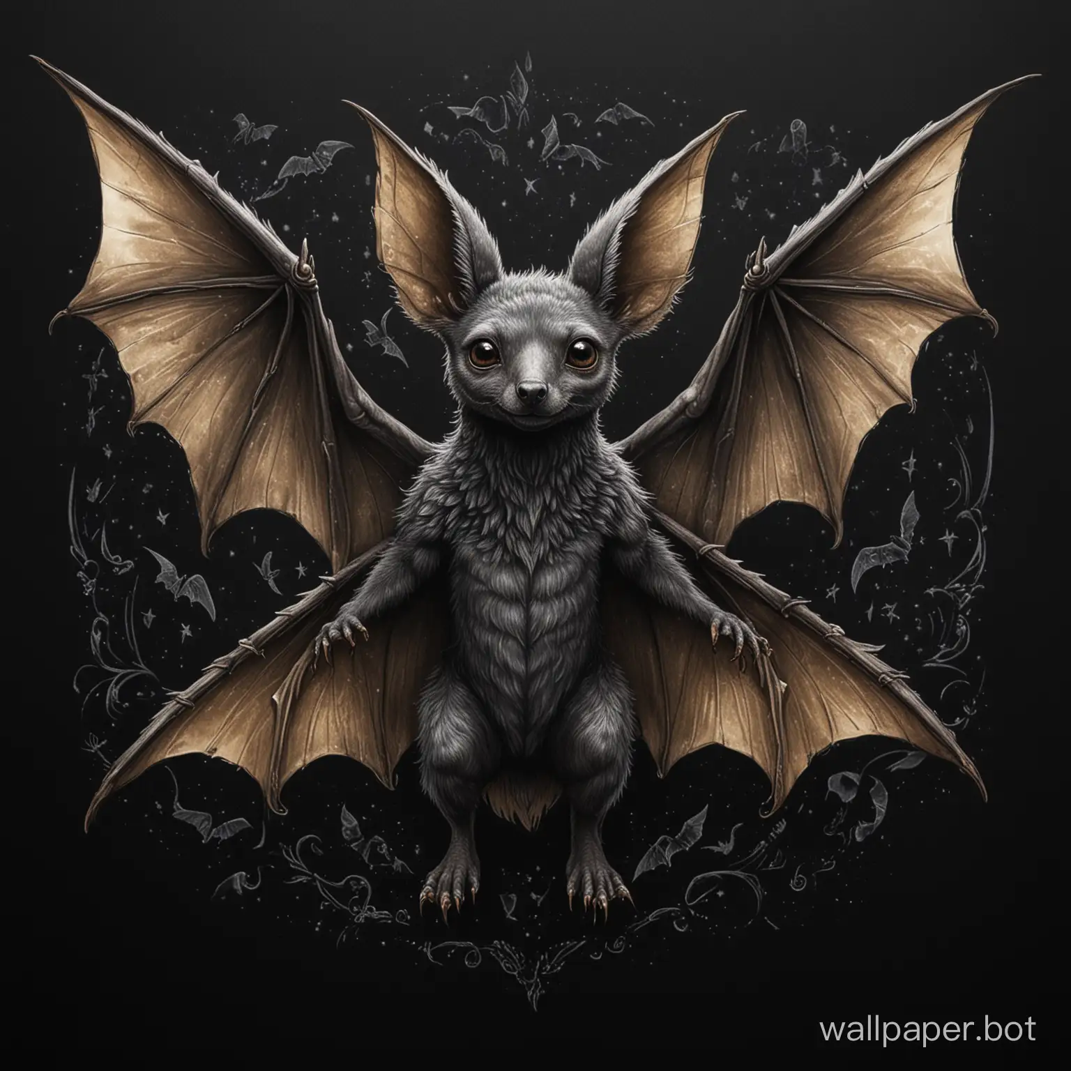 Draw on a black background Kolovyortysh - a mythical creature resembling a small kangaroo with wings of a bat and a human face.