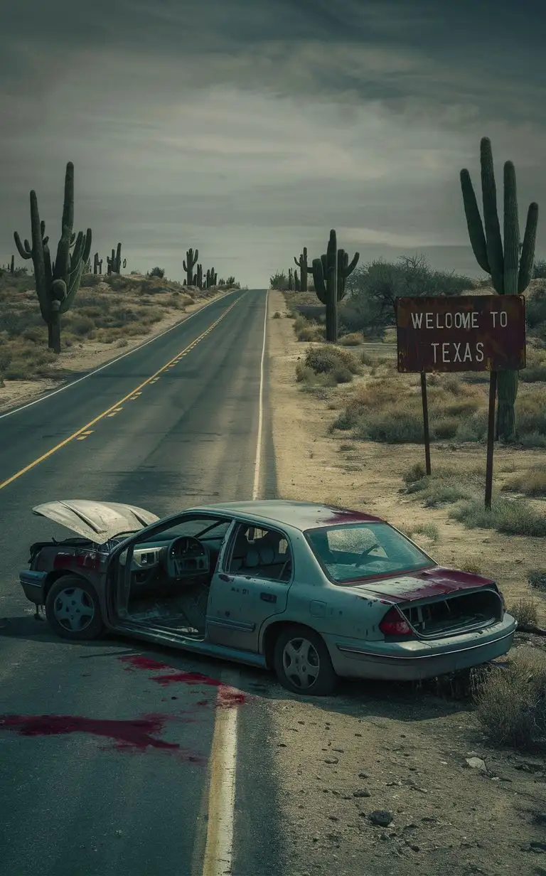 focus on a post-apocalypse texas desert road, on the right side of the road there is a rusty sign say WELCOME TO TEXAS, on the left side of the road there is a rusty abandonned and damaged 2013 sedan with driver door open and with dried blood on, using Kristian Llamas style