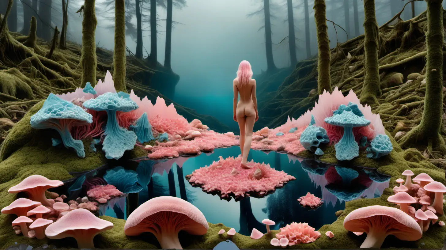 Psychedelic landscape, large crystalline bluish minerals, with nude woman center, Moss, pink chanterelle mushrooms, and water on the ground