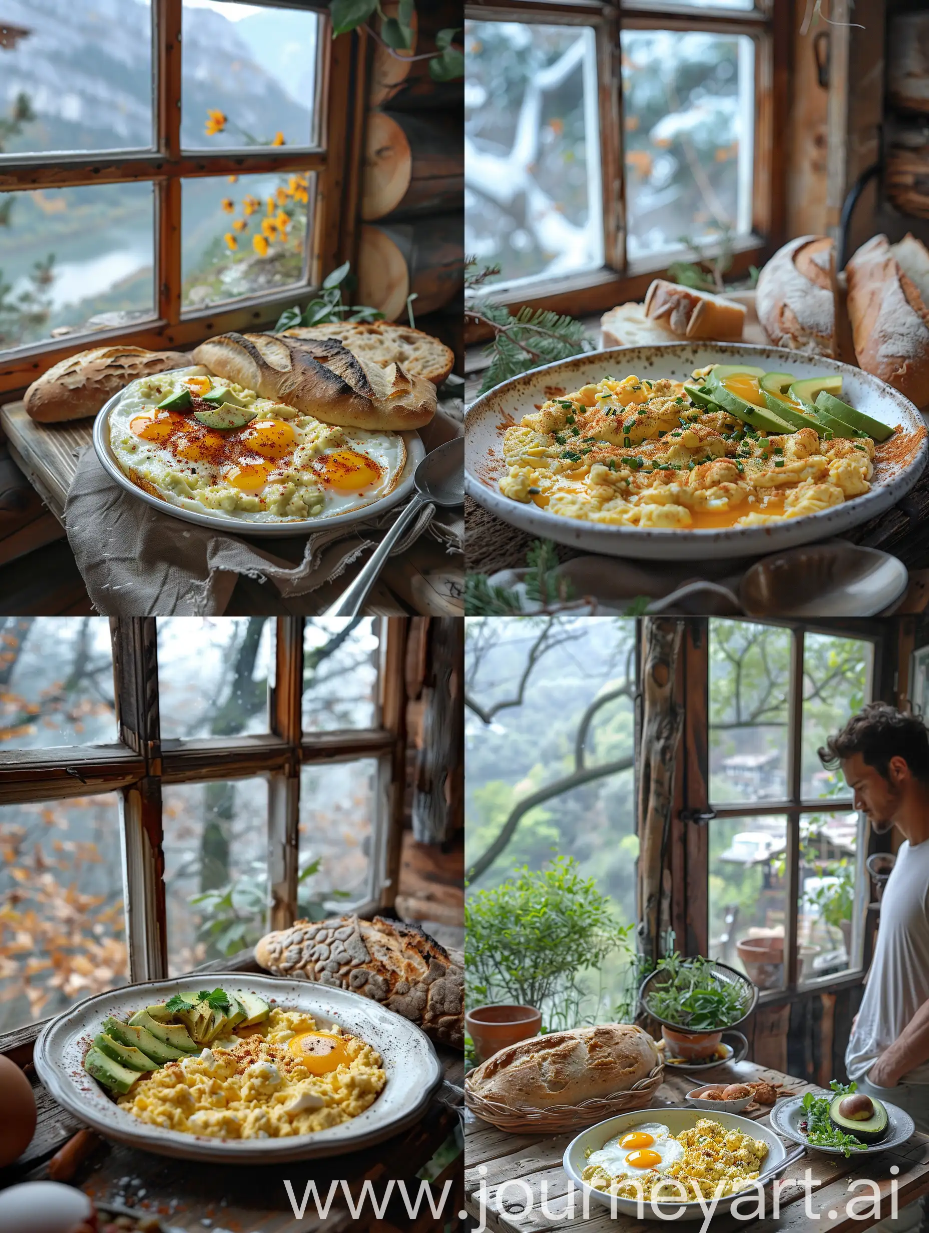 A breakfast table inside a cozy cabin near the window, there is a dish of scrambled eggs and avocado on the table and some Turkish bread. --s 750