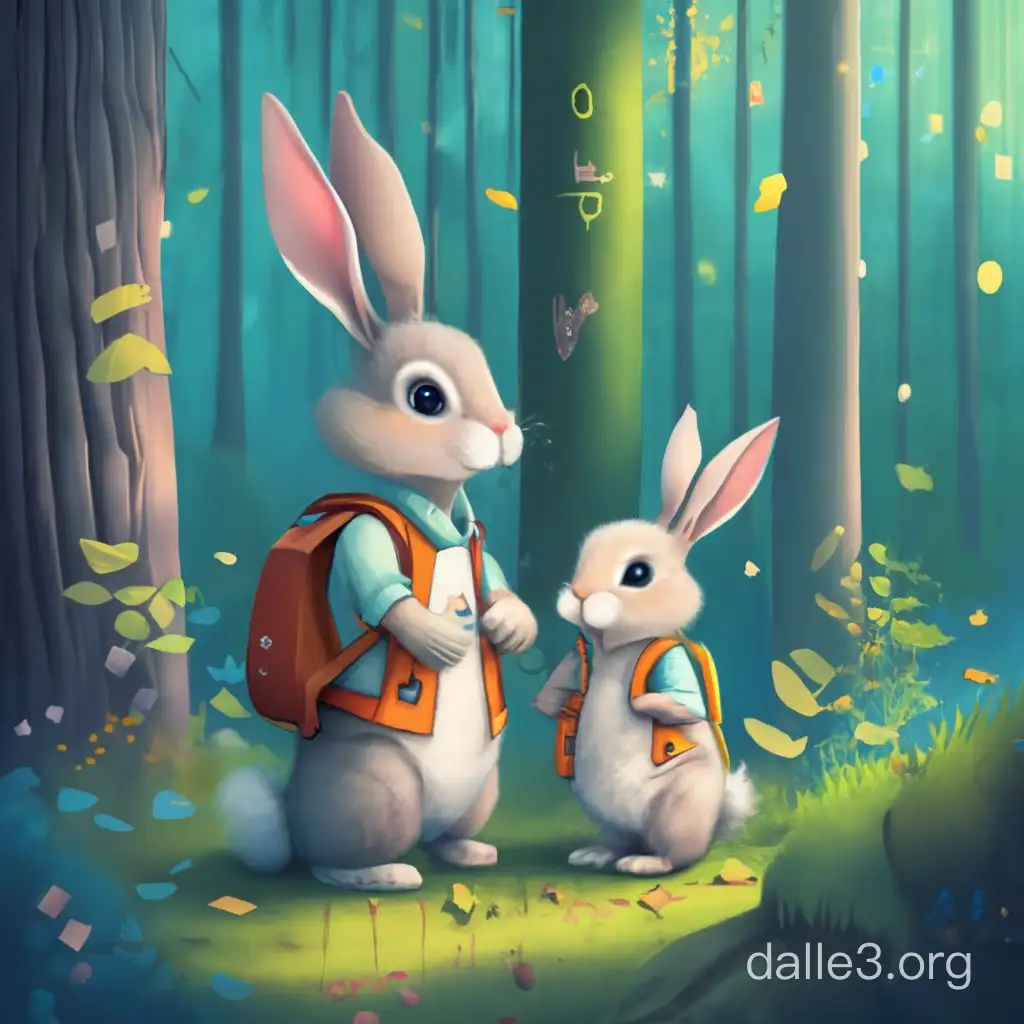 I want you to prepare a visual for the fairy tale. There is a forest in the fairy tale. There is a little rabbit in this forest. This little bunny has a family and friends. This rabbit goes to school.