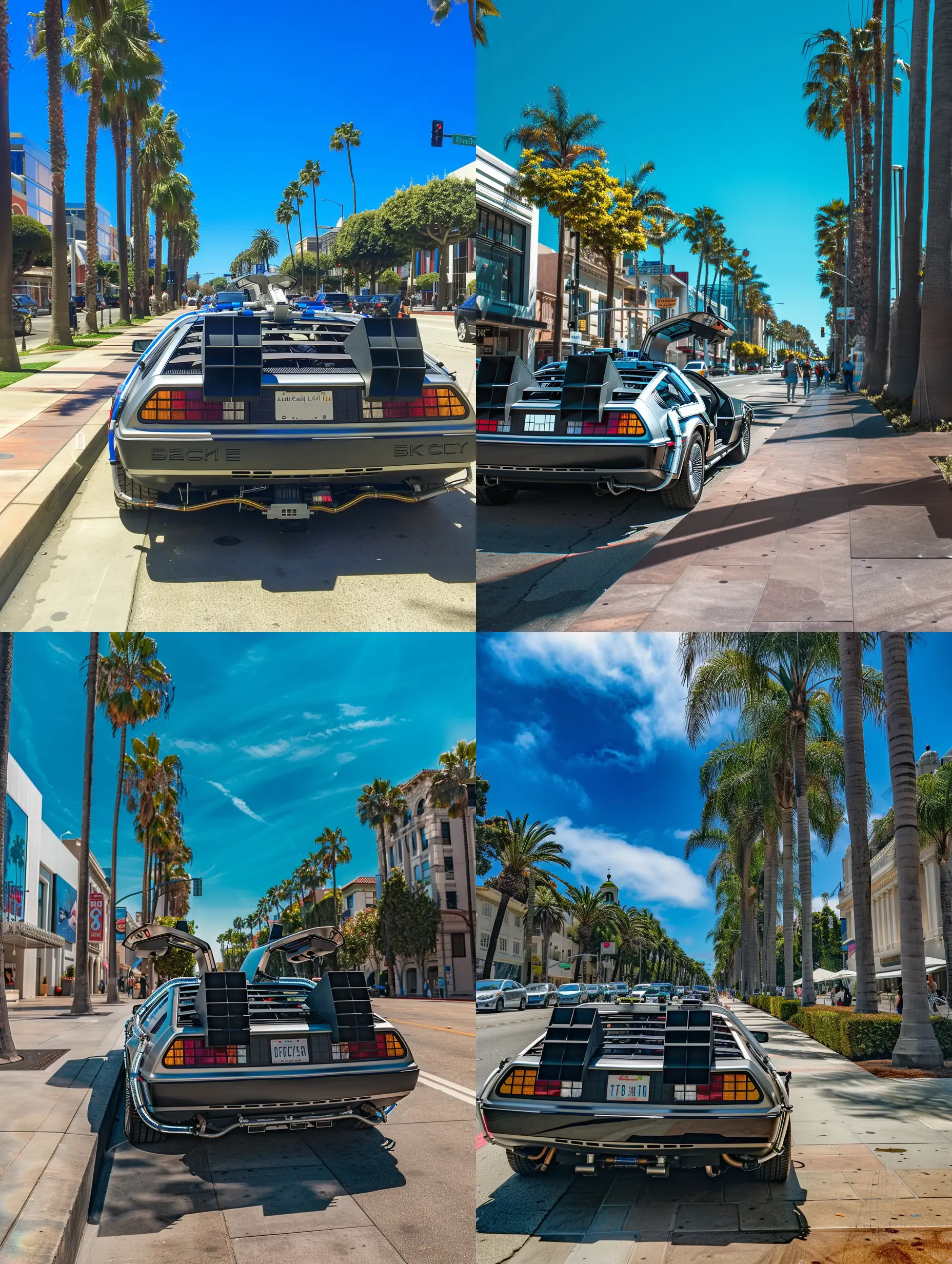 Back to the Future delorean along sidewalk on Rodeo Drive. Blue sky, vibrant, artistic, palm trees