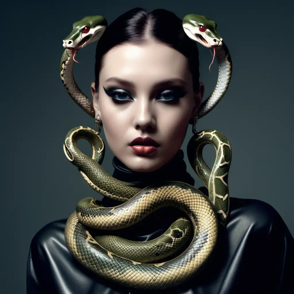 a model wearing snakes around her neck and ears as jewelry, hyperrealistic image, vogue style photoshoot