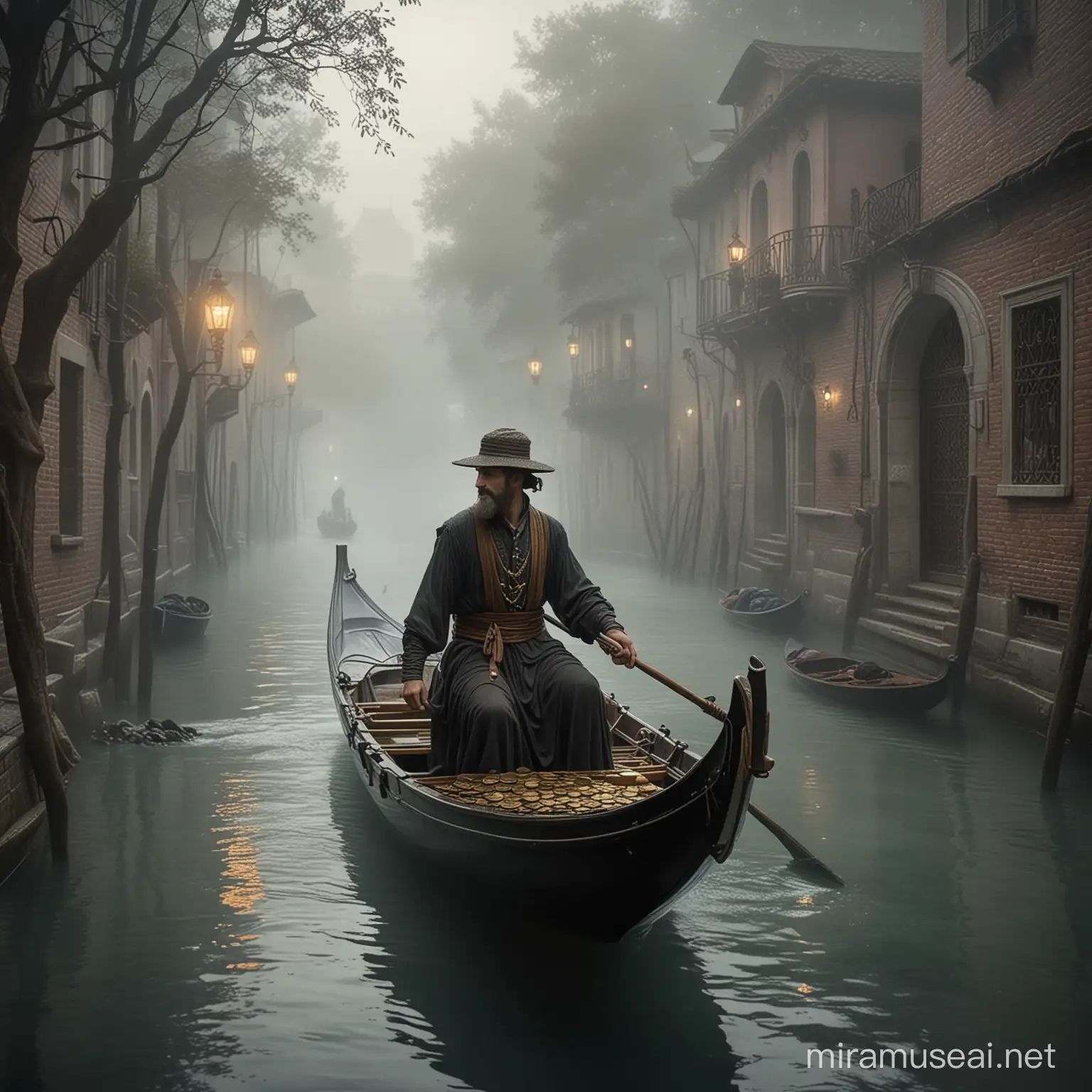 art nouveau style, a hidden gondolier ferrying gondola, river through dark foggy realm, coins lining the river side, magic