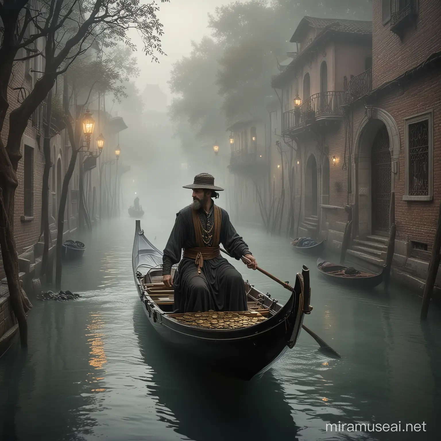 Mystical Gondolier Navigating through Art Nouveau Fog