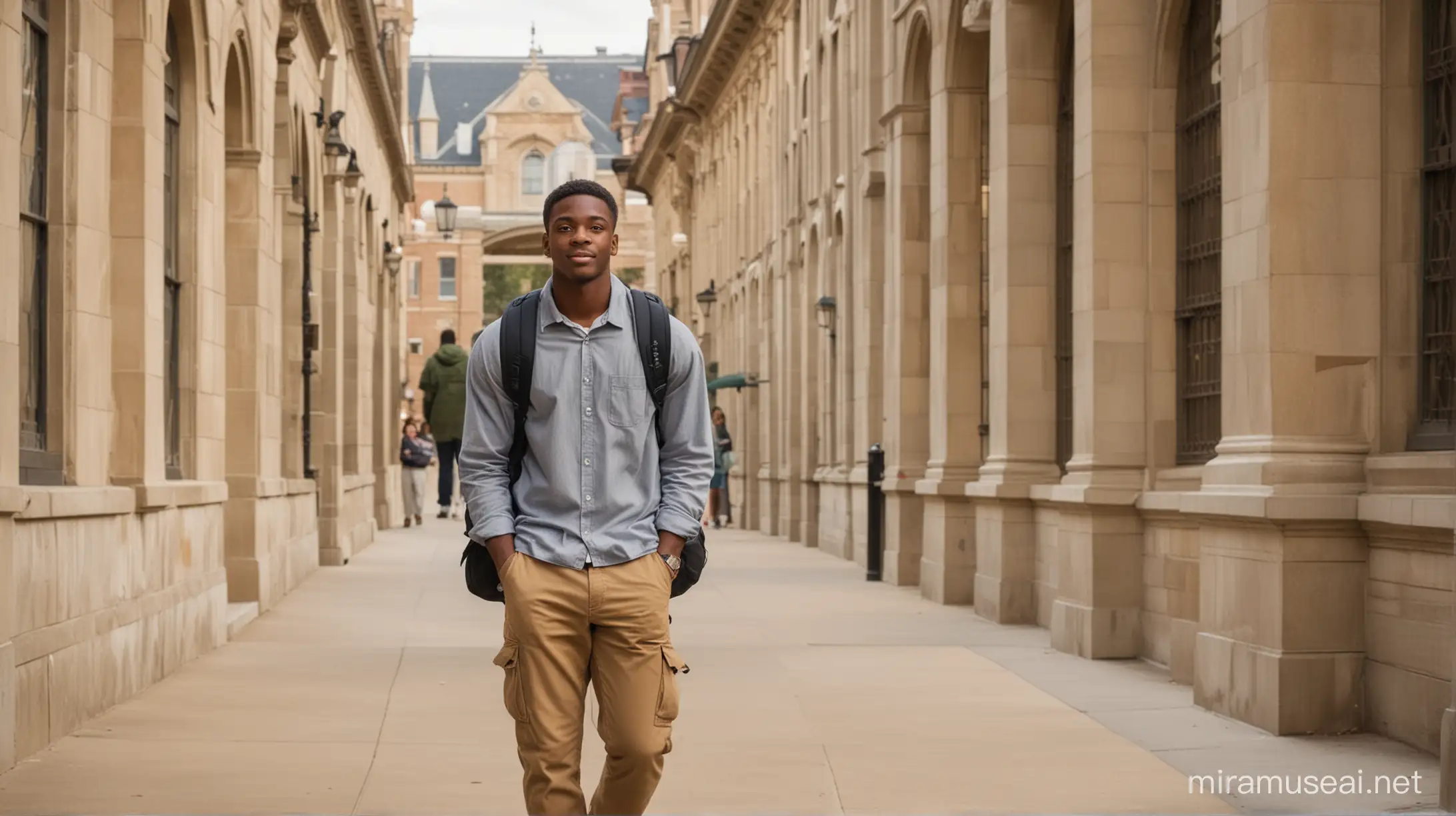In the vibrant ambiance outside the university building, an African American male student strides purposefully, his backpack slung comfortably over his shoulders. With determination in his step and ambition in his gaze, he approaches the familiar facade of the institution that has become his second home.

Dressed in casual yet neat attire, he exudes confidence and readiness for the day's academic endeavors. The weight of his backpack is a familiar comfort, containing the tools and materials he needs to excel in his studies.

As he crosses the threshold of the university building, a sense of anticipation fills the air. The bustling energy of student life surrounds him as he joins his peers in the pursuit of knowledge and growth.

With each step, the African American male student embraces the opportunity for learning and self-improvement that awaits him within the halls of academia. With determination in his heart and a thirst for knowledge in his soul, he embarks on another day of academic exploration, ready to seize the opportunities that lie ahead.