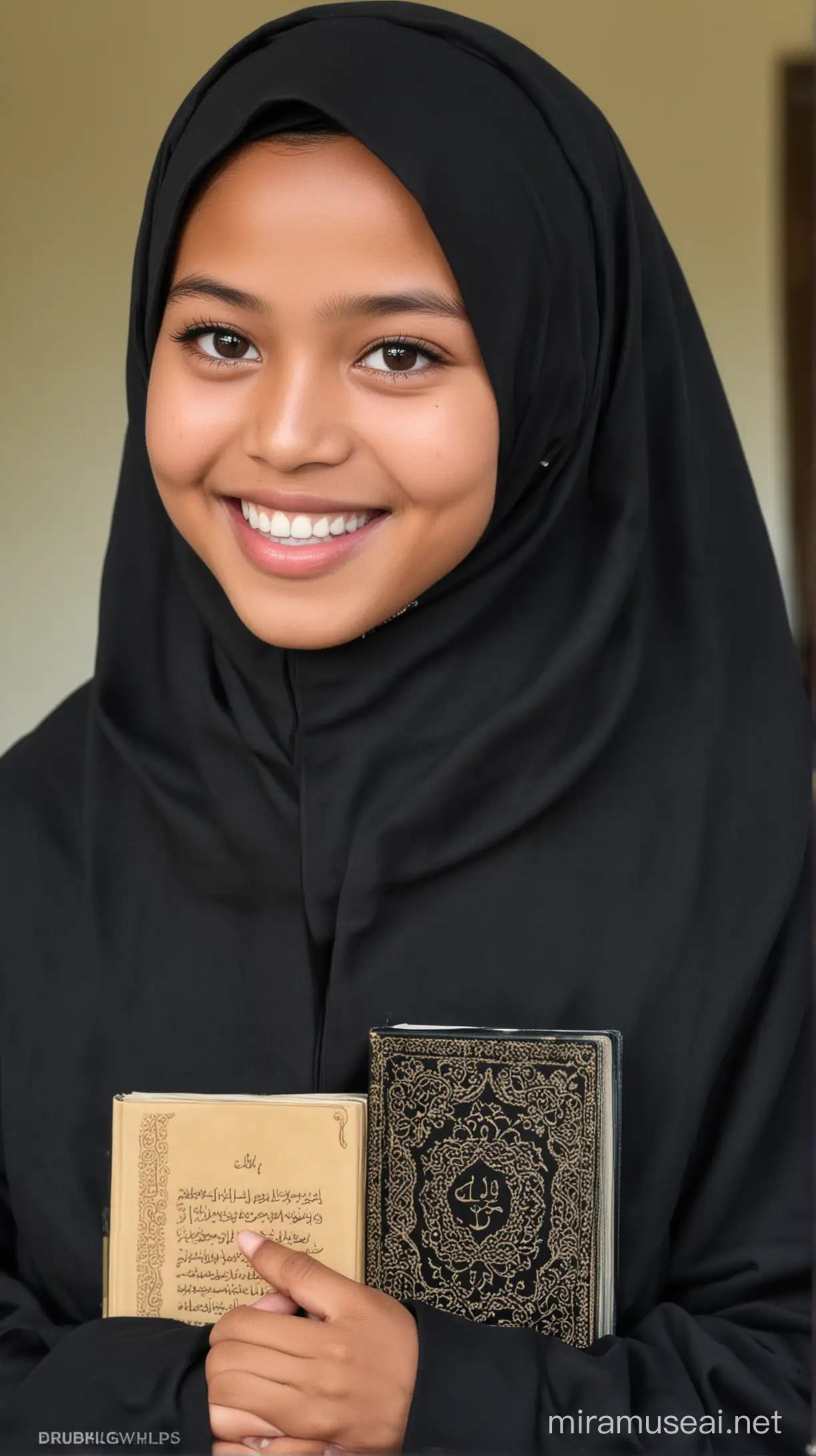 Perempuan indonesia usia 13 tahun, memakai gamis dan juga jilbab, warna hitam senada dengan gamis, bibir tersenyum,sedang membawa kitab suci al-qur'an, disebuah pondok pesantren.