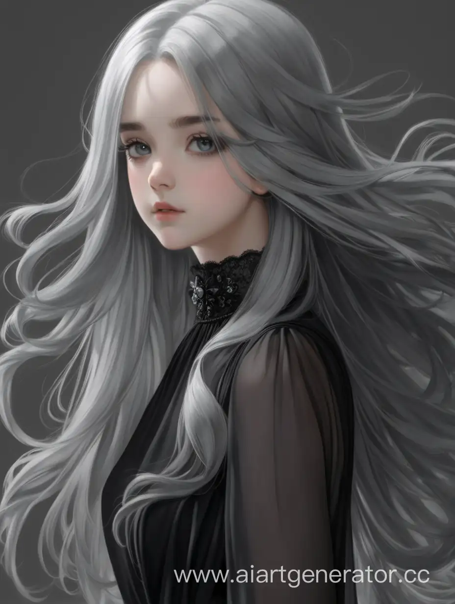 Девушка с длинными, пепельно-серыми волосами и серыми глазами в чёрном элегантном платье