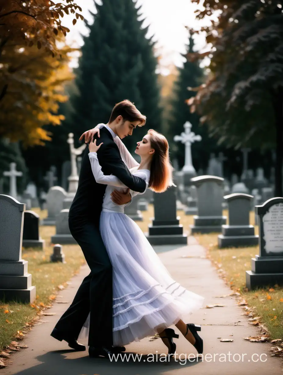 a guy and a girl are dancing waltz in the cemetery
