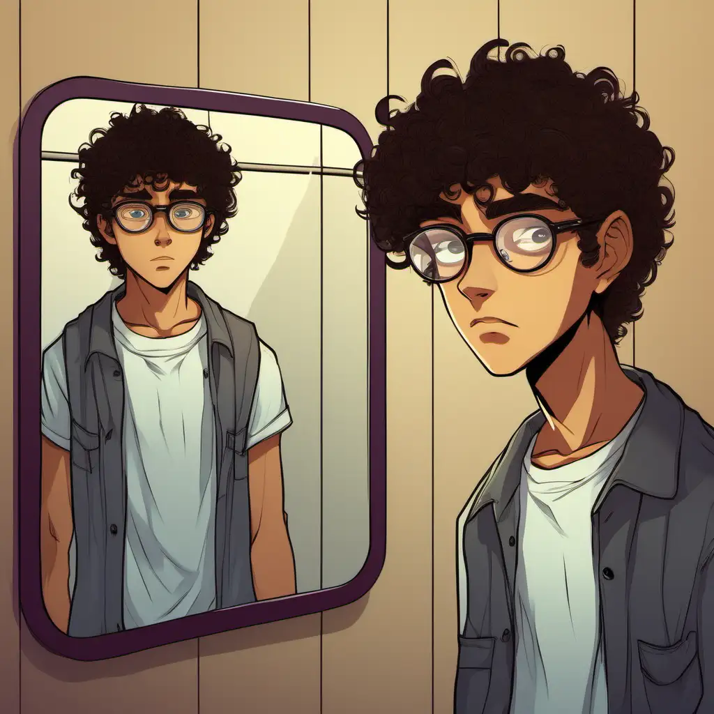 парень 16 лет с темными кудрявыми волосами, карые глаза в очках смотрит в зеркало, его образ в зеркали смотрит в сторону, а парень смотрит прямо
