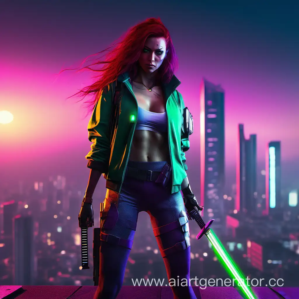 cyberpunk 2077 style, Girl with long hair, red hair, green eyes, white skin, purple jacket, open chest, bare legs, standing in front of a high-rise building, holding a thermal katana glowing with neon, city, sunrise lighting, 8k, ultra-high resolution, RTX