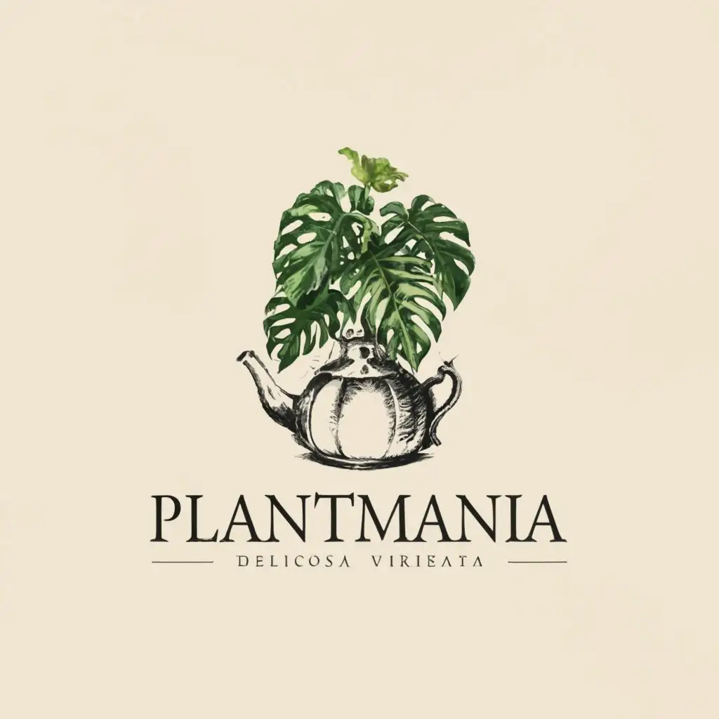 a logo design,with the text "Plantmania", main symbol:Monstera deliciosa variegata plant in a teapot in Edwardian style,complex,clear background