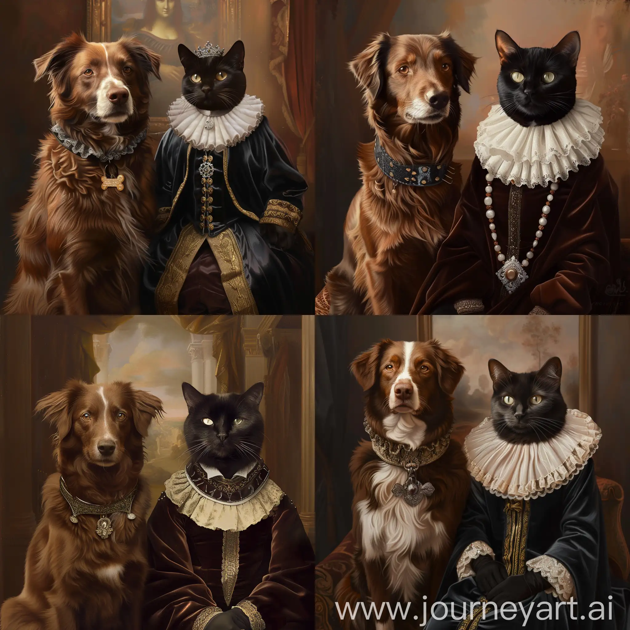 Create an image featuring a brown Border Collie and a black tuxedo cat seated side by side, both wearing regal clothing. The Border Collie should be on the left side of the image, and the cat on the right. They should appear dignified and regal. The background should resemble the setting of Leonardo da Vinci's Mona Lisa painting, with muted colors and an enigmatic atmosphere. The animals should be depicted in a style reminiscent of Leonardo's iconic portrait style, with attention to detail and realism. The clothing should reflect a royal or noble theme, such as velvet robes or ornate collars, fitting for a portrait session. The overall mood should be serene and timeless, capturing the essence of classical portraiture.