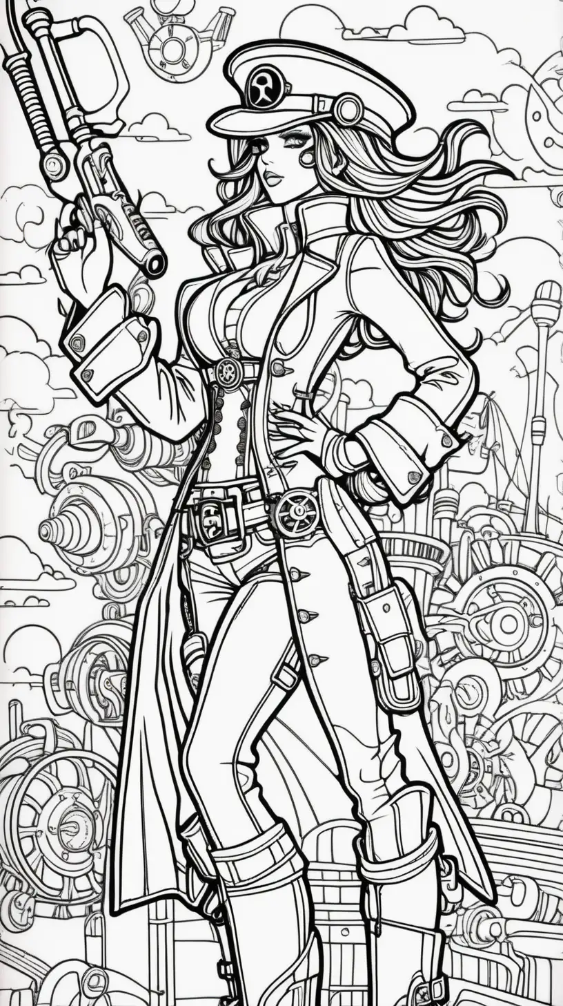 steampunk style sexy steampunk sky pirates , thick clean black lines, coloring book image, cartoon style, minimalist line style, 