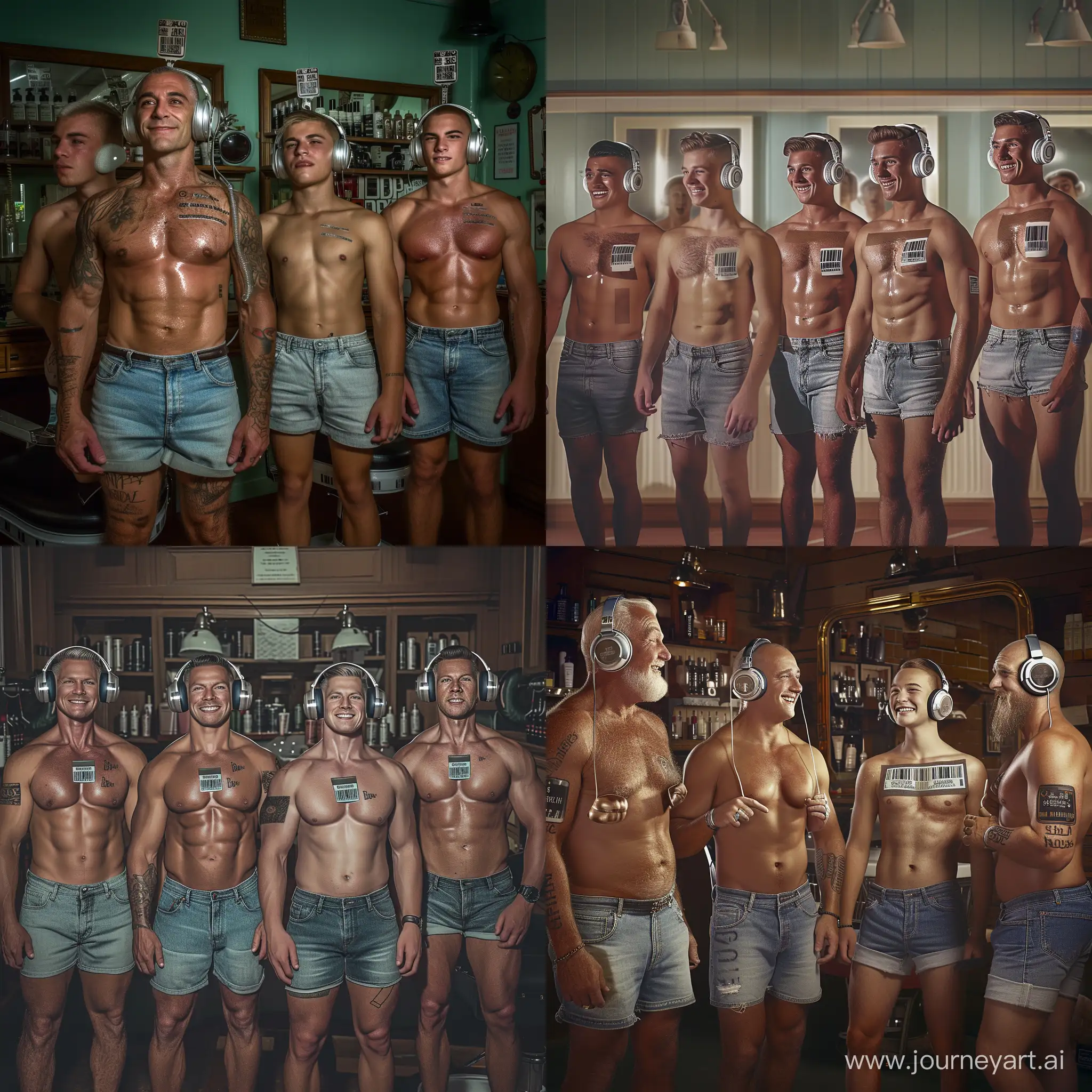 Handsome muscular middle-aged men and handsome muscular college-age boys each wear silver headphones and fitted denim cutoff shorts, dazed smiles, small barcode tattooed on each man's chest, 1950s barbershop setting, facing the viewer, mass indoctrination, color image, hyperrealistic, cinematic

