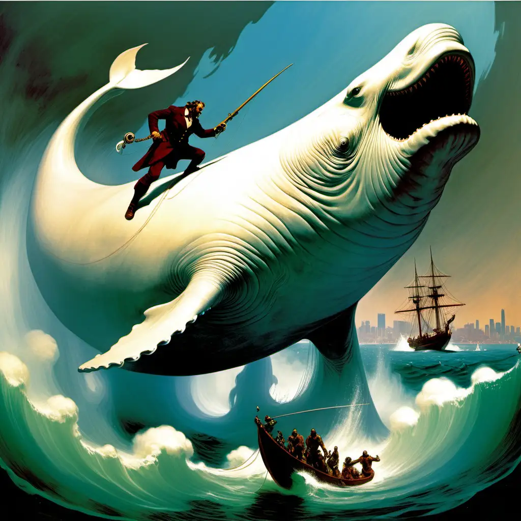 Captain Ahab harpooning a giant white whale in the San Francisco Bay frank frazetta style