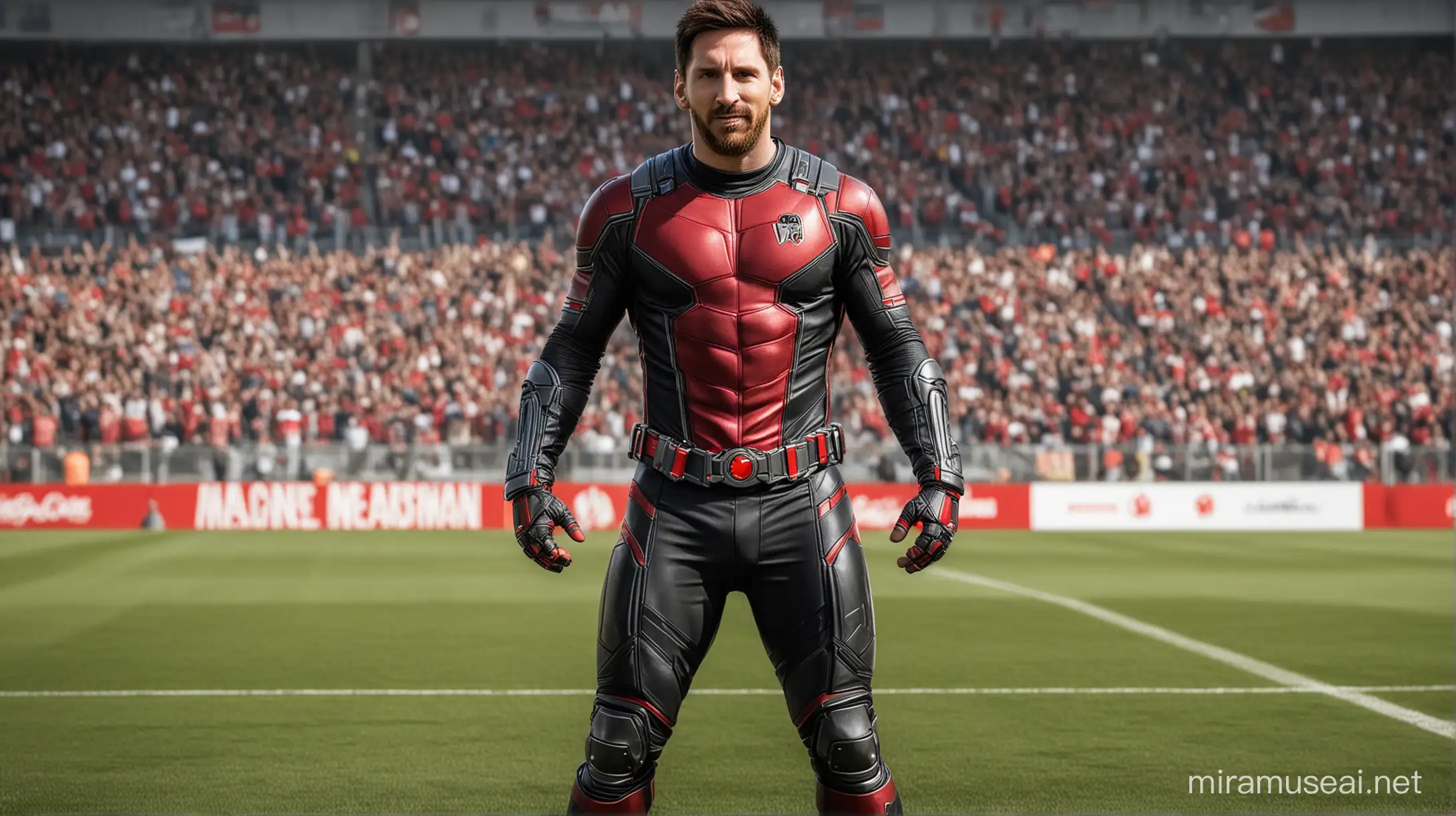 Realistic Photo of Lionel Messi the Soccer player transformes into the comic book superhero Ant-Man, full body, looking Directly at the Camera, So Smiley Face, Wearing Ant-Man costume which is red and black, Standing in the football field.