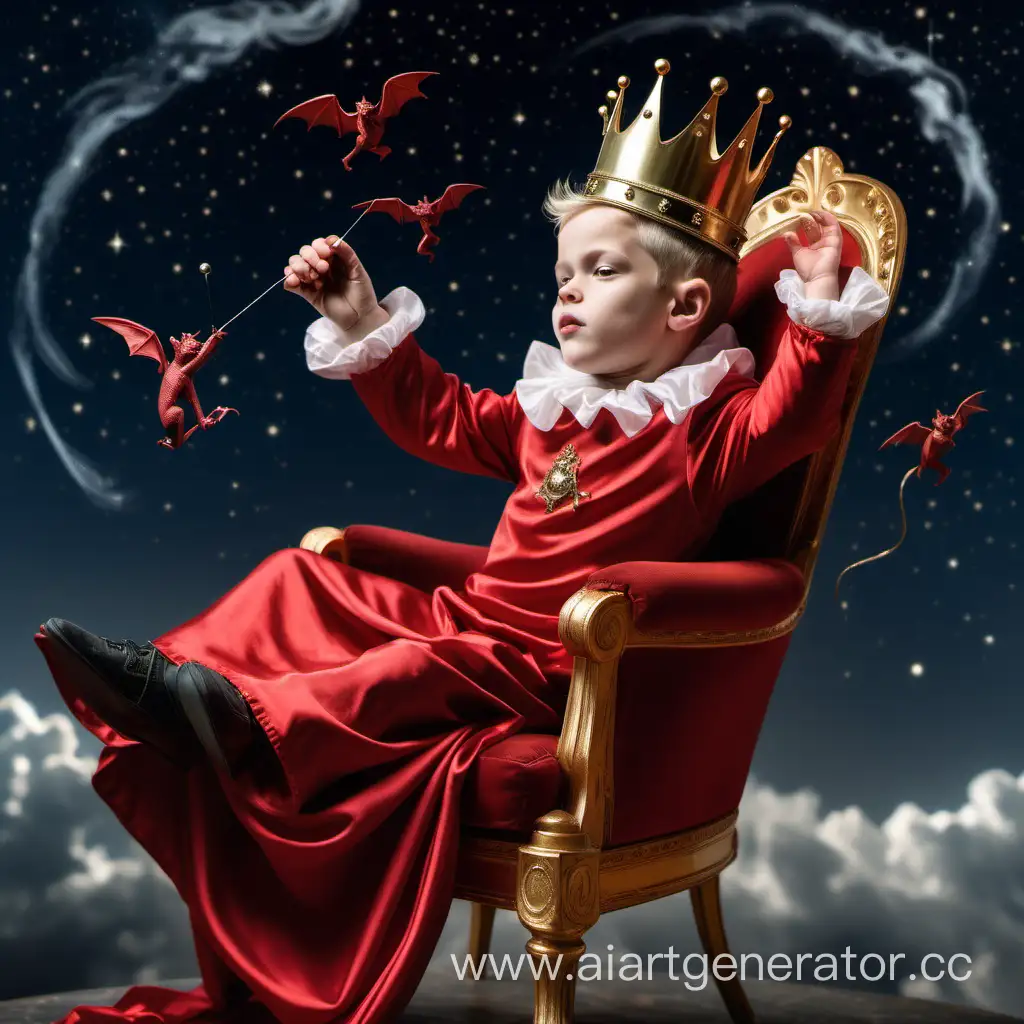 Юный принц в шелковом красном платье, летитт в кресле среди звёзд, в руке держит напёрсток и иглу. На голове волшебная корона из голов горгулий, платье развевается на ветру