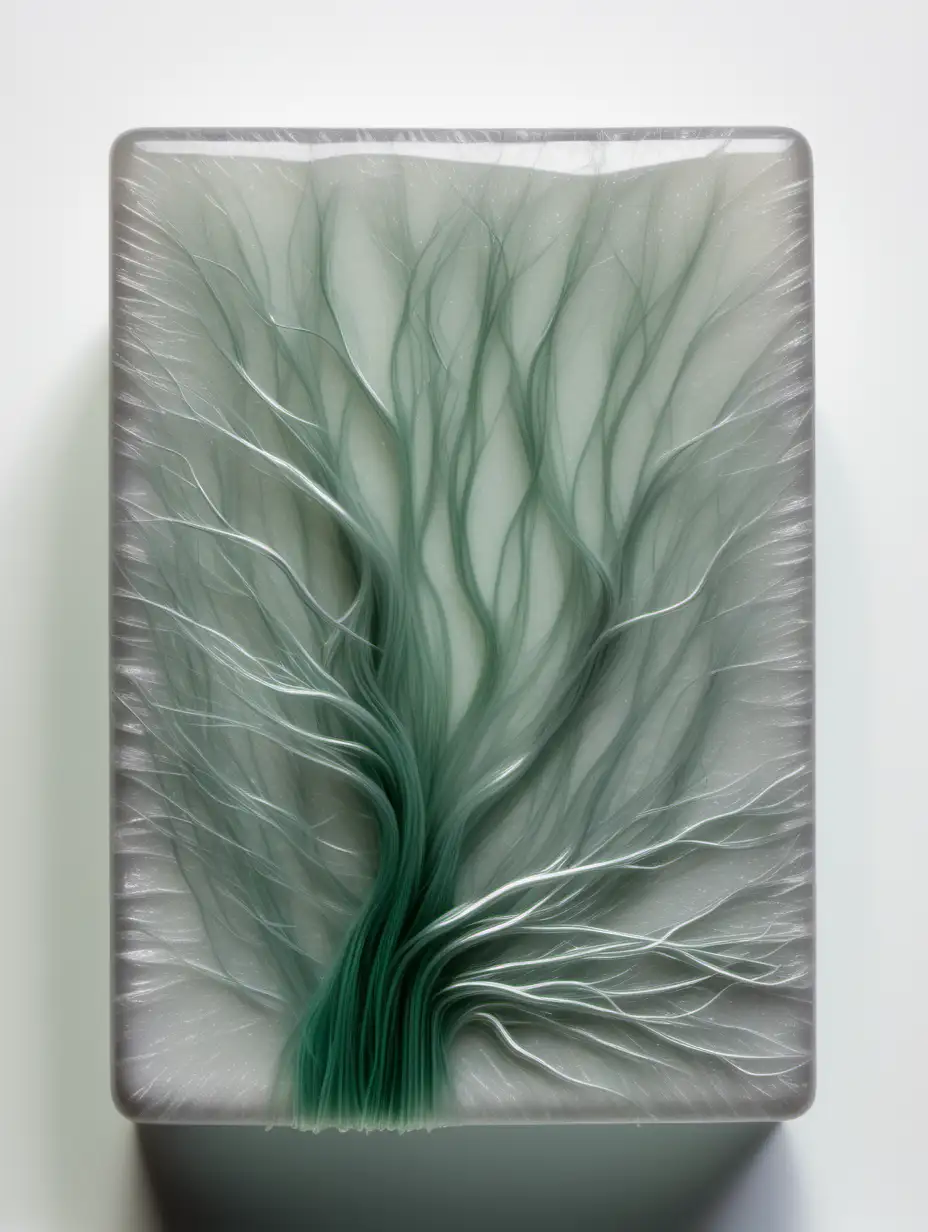 grey-green, hair-fine strands, branching randomly and organically through a thick slab of milky, translucent glass