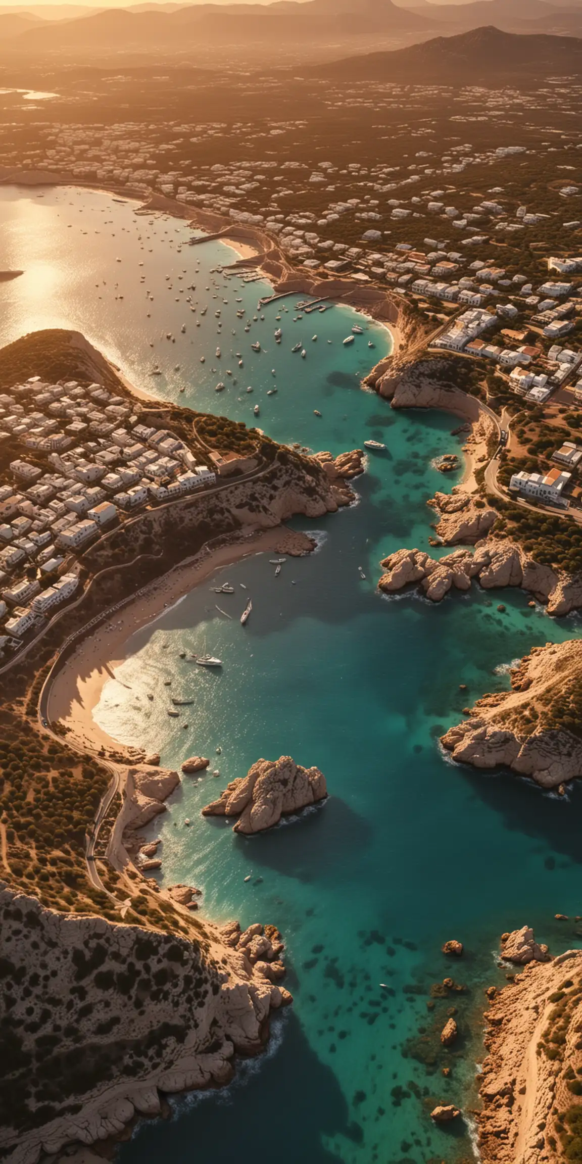 aerial view of ibiza, realistic, sunset
