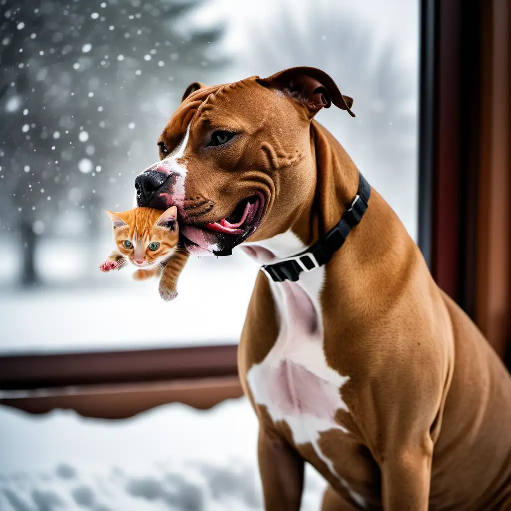 Create a professional photo of an American Staffordshire Terrier holding a ginger cat in its mouth. Use the FujifilmX100V camera, keep natural colors and capture hidden moments in a natural style. Introduce many topics, diversity, ultrarealism and immortalize the snow falling outside the window, creating a unique and emotional image