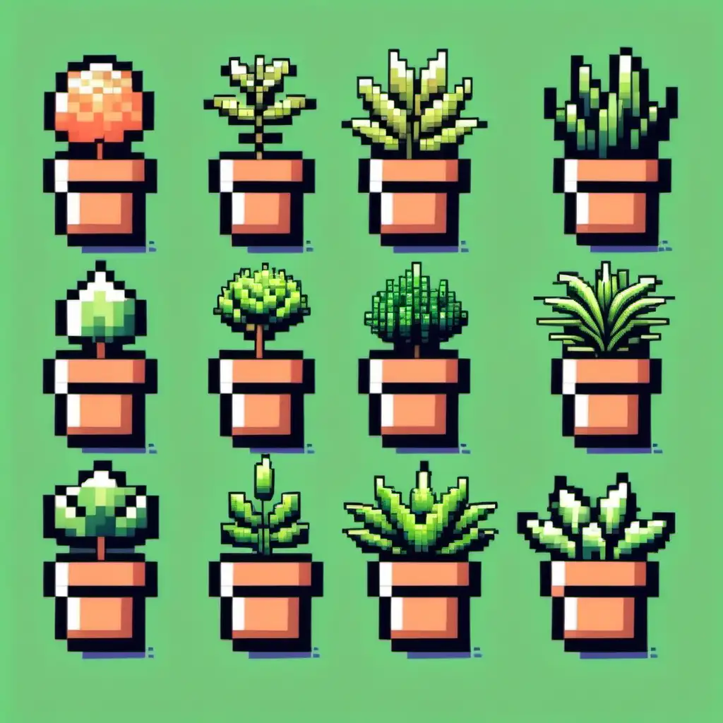 8-pixel cartoon-style illustration of different plants for a t-shirt
